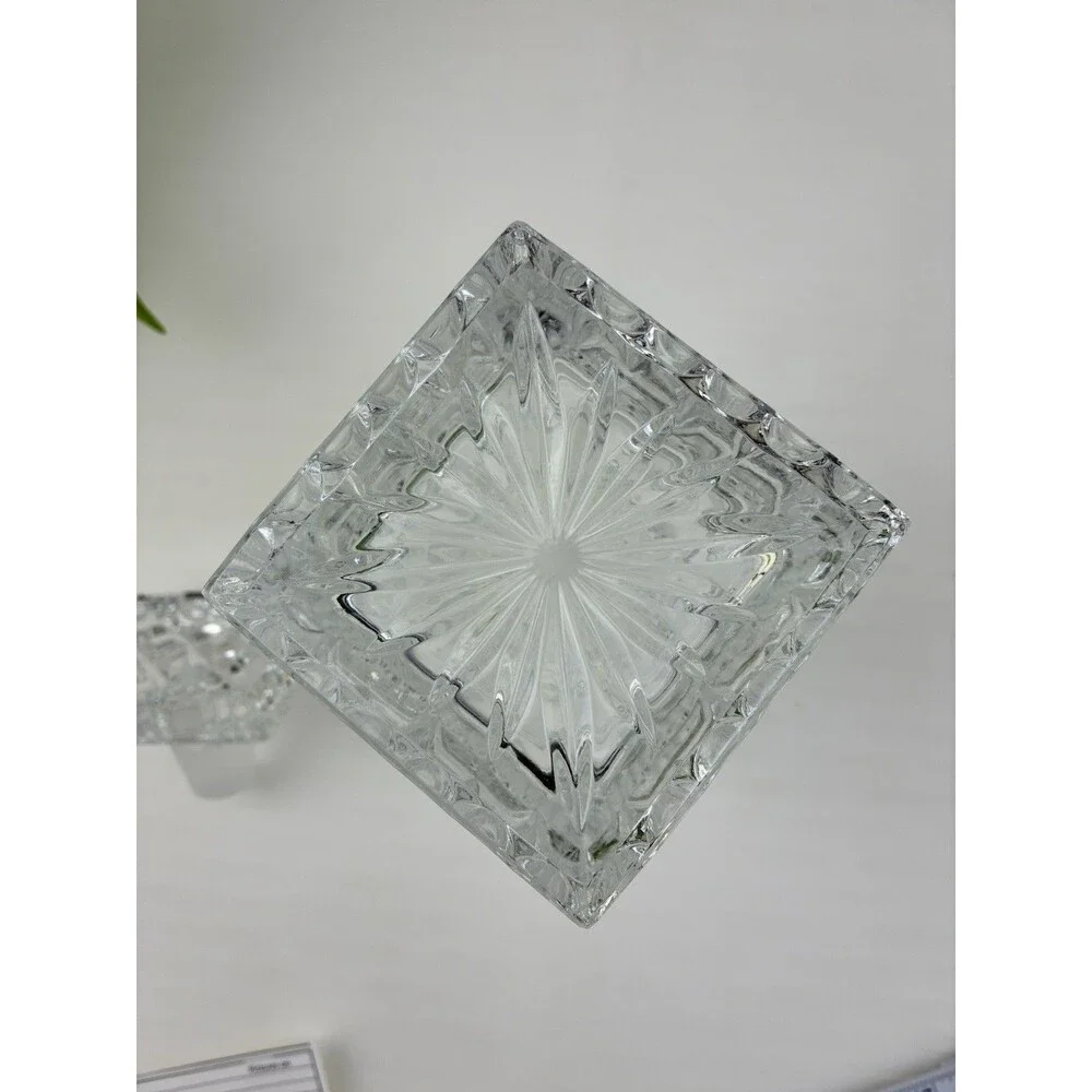 Cut Crystal Decanter Square Diamond Cut 16 Point Star Base w Faceted Stopper Vtg